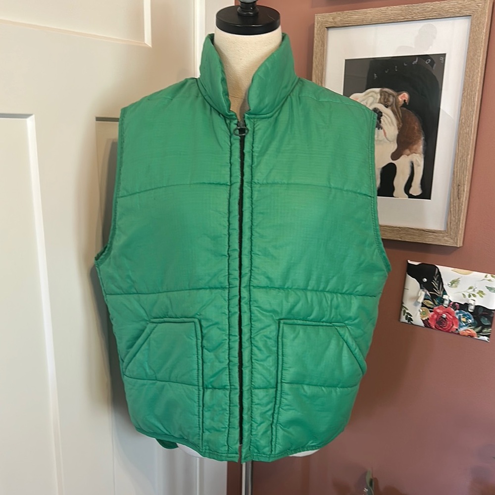 Vintage Big Smith Green 100% nylon unisex L pockets zipper puffer vest